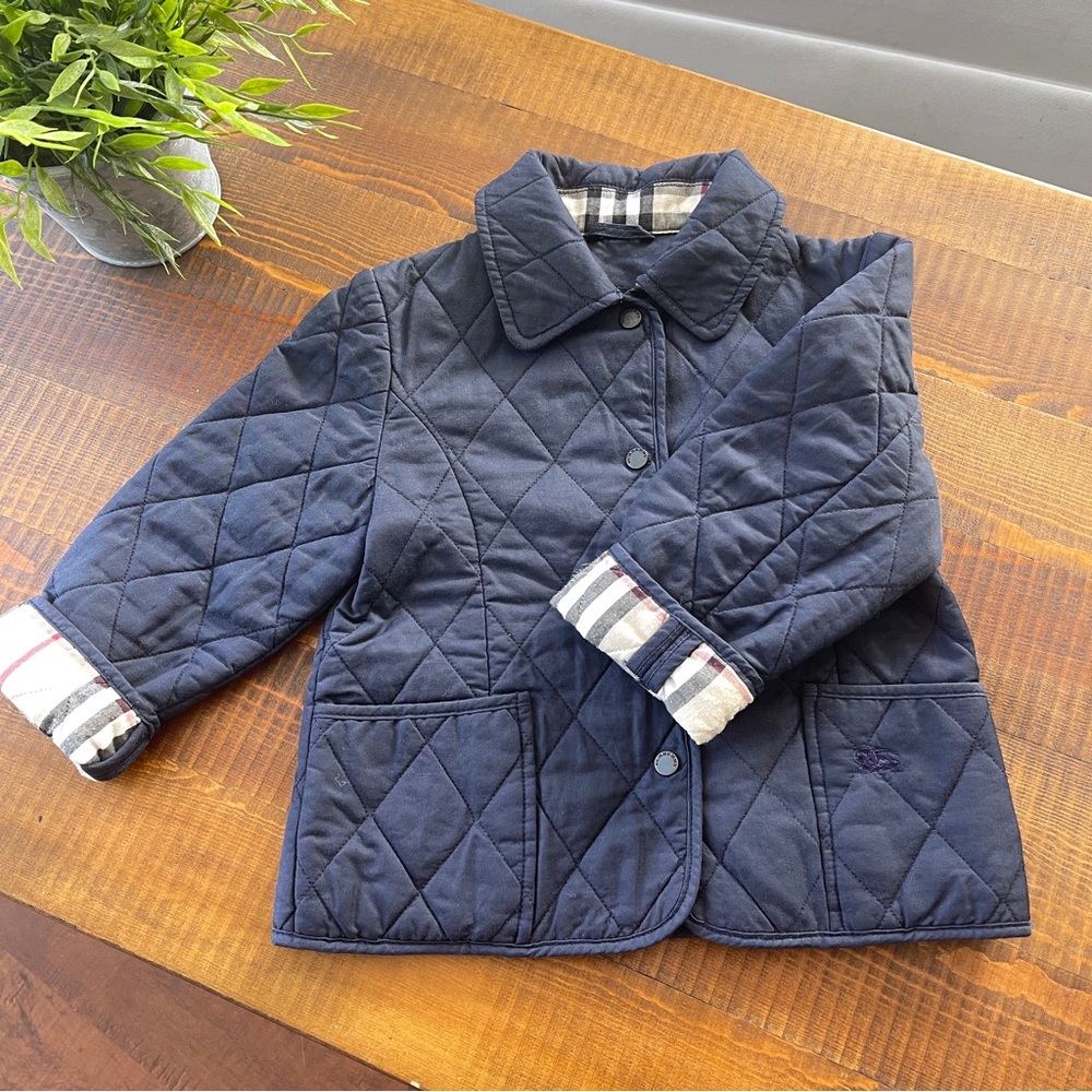 Burberry Navy Quilted Kids Jacket with Check Trim